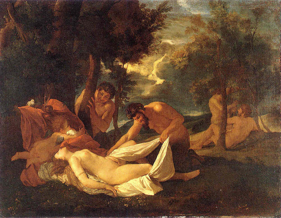 Wikioo.org - The Encyclopedia of Fine Arts - Painting, Artwork by Nicolas Poussin - Sleeping Venus, surprised by Satyr
