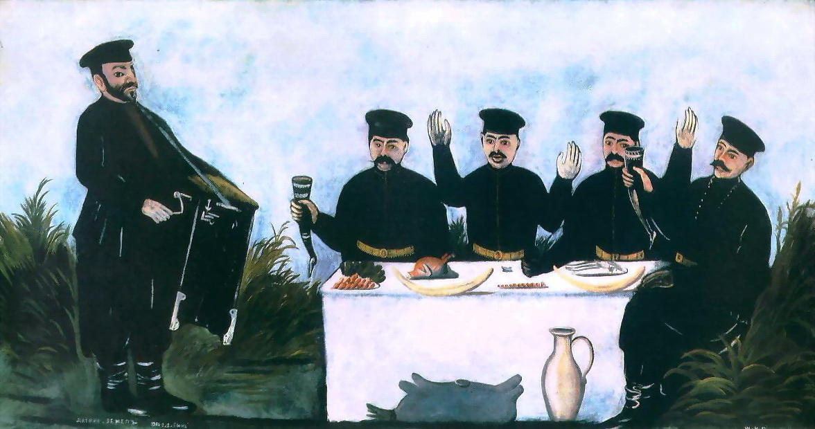 WikiOO.org - Енциклопедия за изящни изкуства - Живопис, Произведения на изкуството Niko Pirosmani - Feast with Barrel Organist Datico