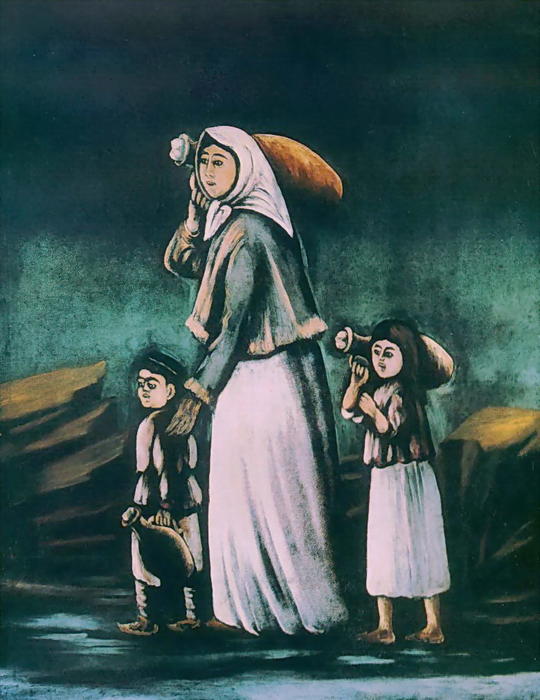 Wikioo.org - The Encyclopedia of Fine Arts - Painting, Artwork by Niko Pirosmani - Peasant Woman with Children Goes for Water