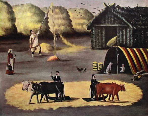 Wikioo.org - The Encyclopedia of Fine Arts - Painting, Artwork by Niko Pirosmani - Threshing the floor in a Georgian country village