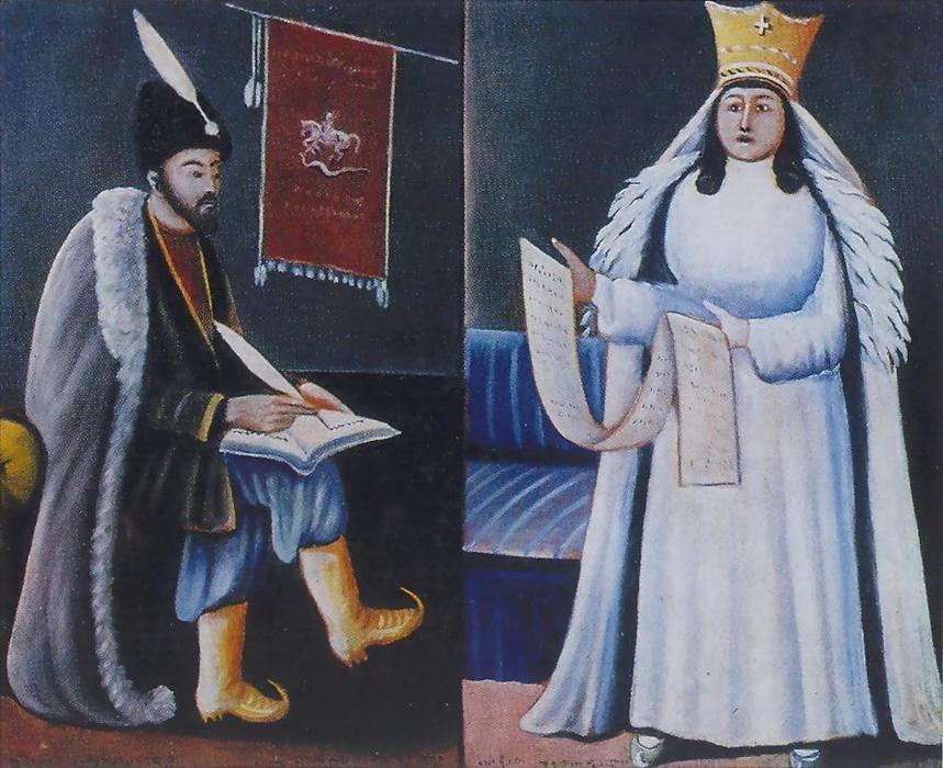 Wikioo.org - The Encyclopedia of Fine Arts - Painting, Artwork by Niko Pirosmani - Shota Rustaveli and Queen Tamar