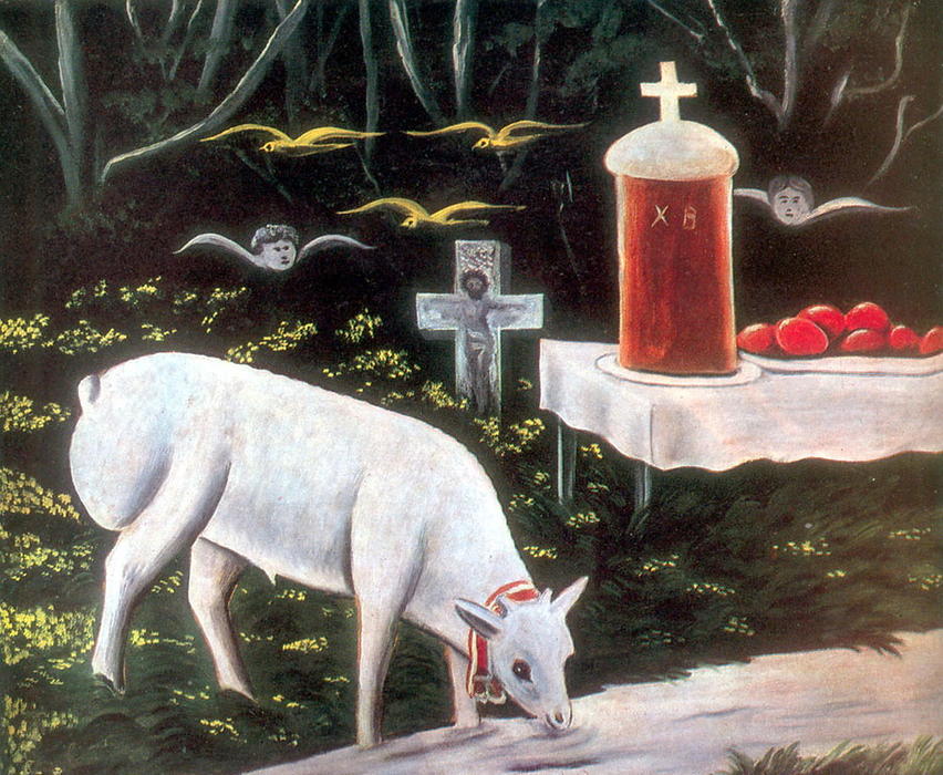 WikiOO.org - Encyclopedia of Fine Arts - Lukisan, Artwork Niko Pirosmani - Lamb and Easter Table with Flying Angels