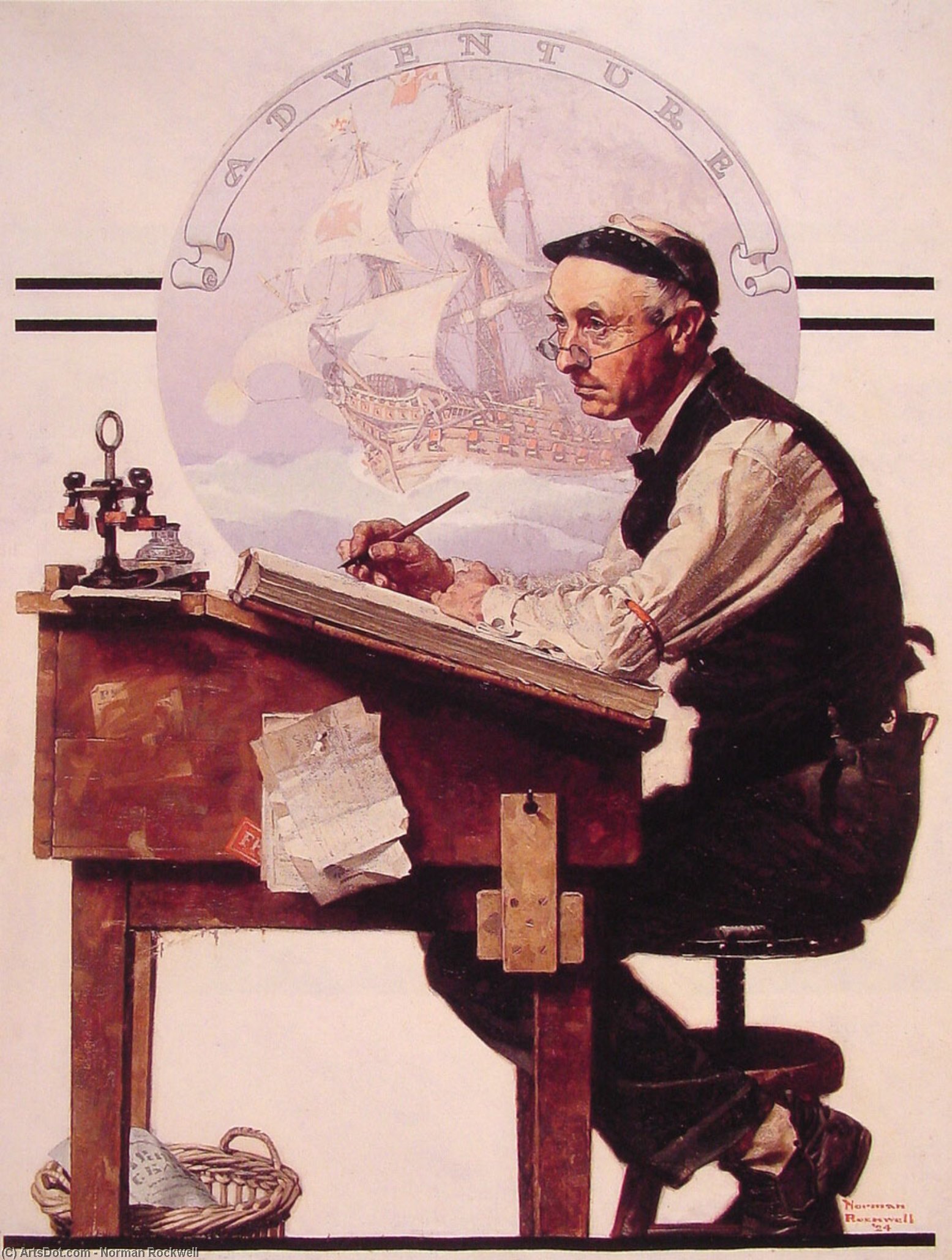 Wikioo.org - The Encyclopedia of Fine Arts - Painting, Artwork by Norman Rockwell - Daydreaming Bookeeper (Adventure)