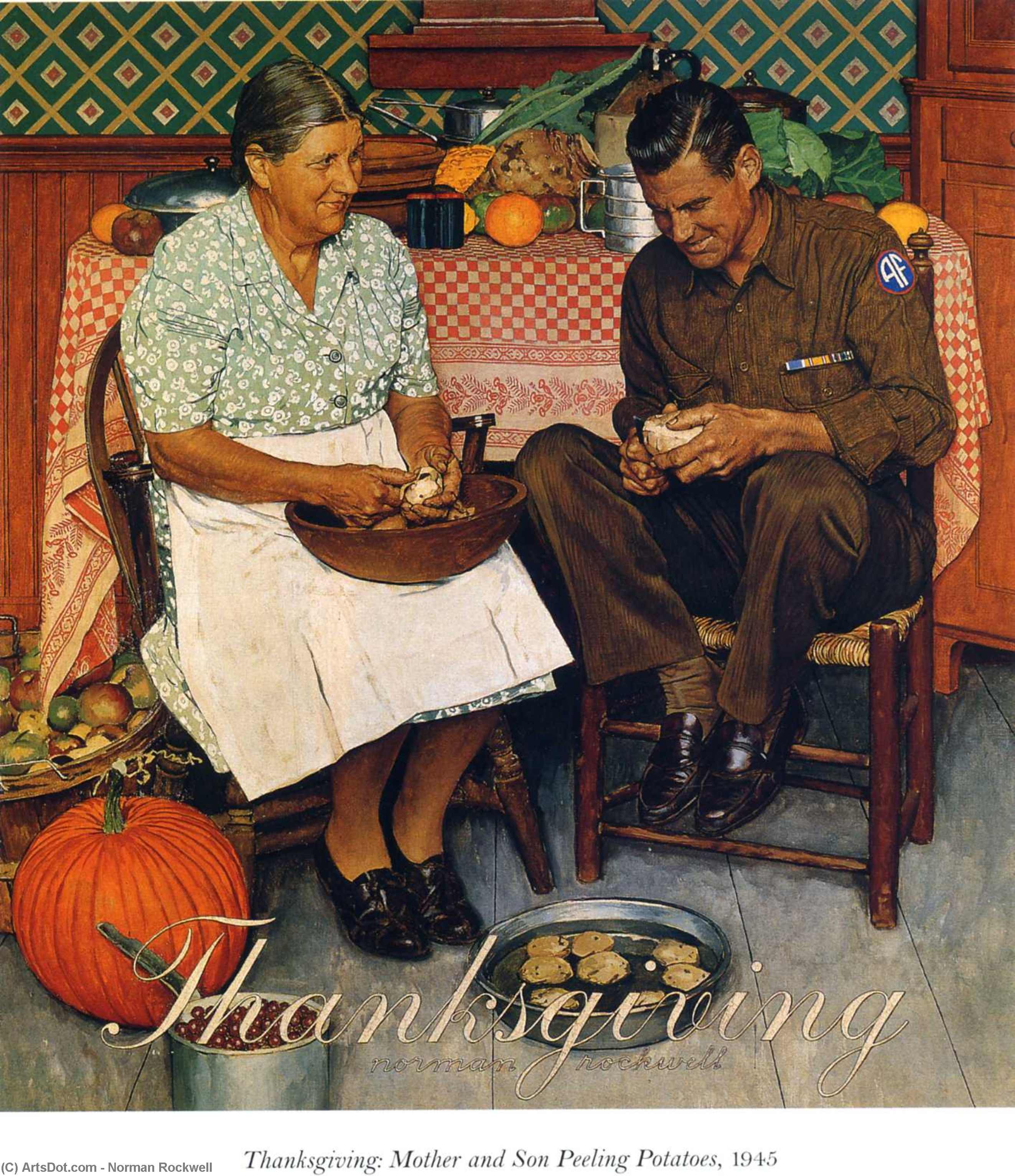 Wikioo.org - The Encyclopedia of Fine Arts - Painting, Artwork by Norman Rockwell - Thanksgiving Mother and Son Peeling Potatoes