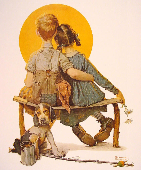 Wikioo.org - The Encyclopedia of Fine Arts - Painting, Artwork by Norman Rockwell - Boy and Girl gazing at the Moon
