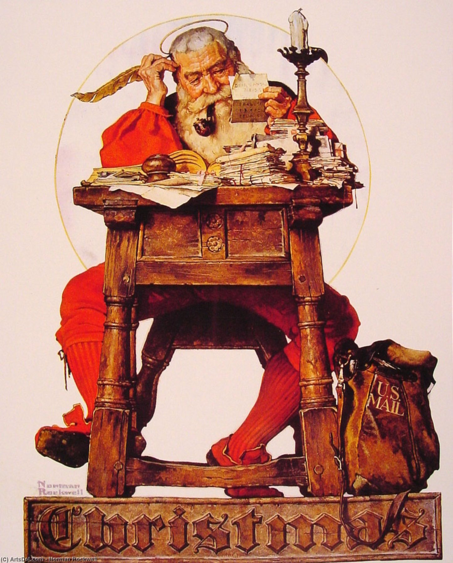 Wikoo.org - موسوعة الفنون الجميلة - اللوحة، العمل الفني Norman Rockwell - Christmas Santa Reading Mail