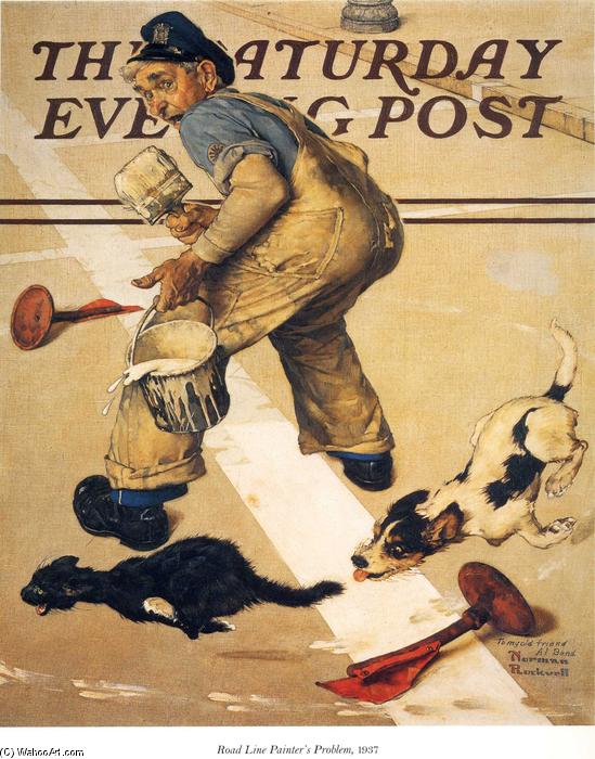 Wikioo.org - The Encyclopedia of Fine Arts - Painting, Artwork by Norman Rockwell - Road Line Painter's Problem