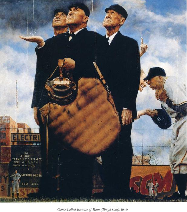Wikioo.org - The Encyclopedia of Fine Arts - Painting, Artwork by Norman Rockwell - Game Called Because of Rain (Tough Call)