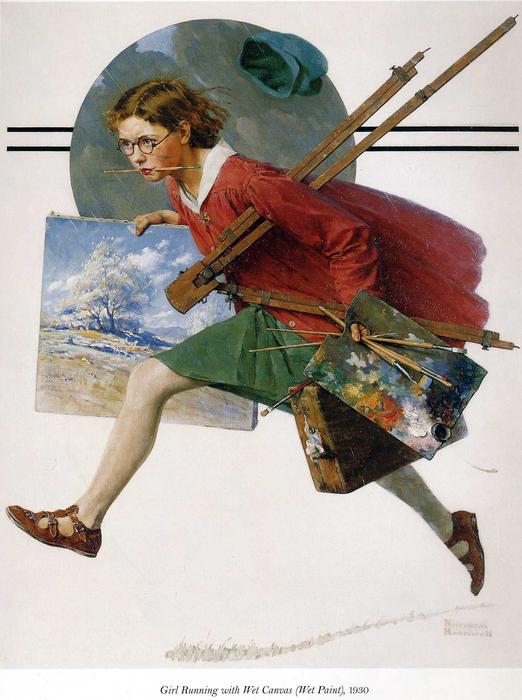 WikiOO.org - Encyclopedia of Fine Arts - Maleri, Artwork Norman Rockwell - Girl Running with Wet Canvas