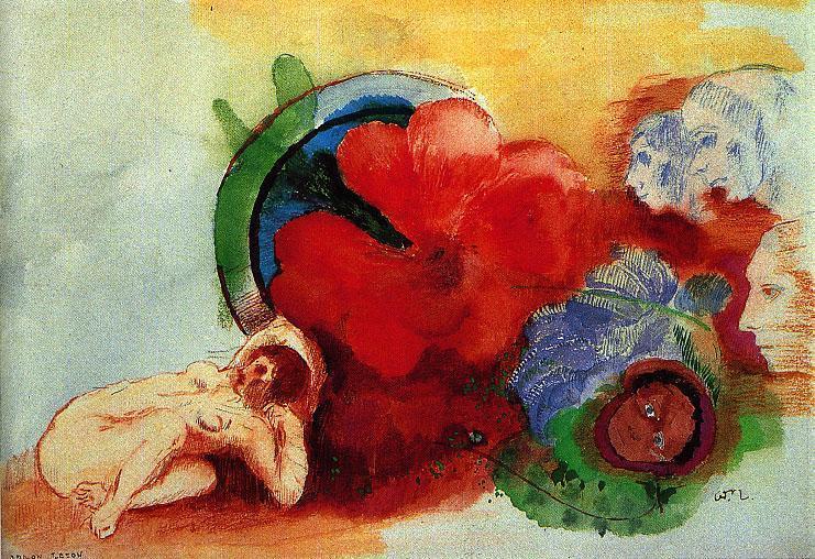 WikiOO.org - Encyclopedia of Fine Arts - Lukisan, Artwork Odilon Redon - Nude, Begonia and Heads