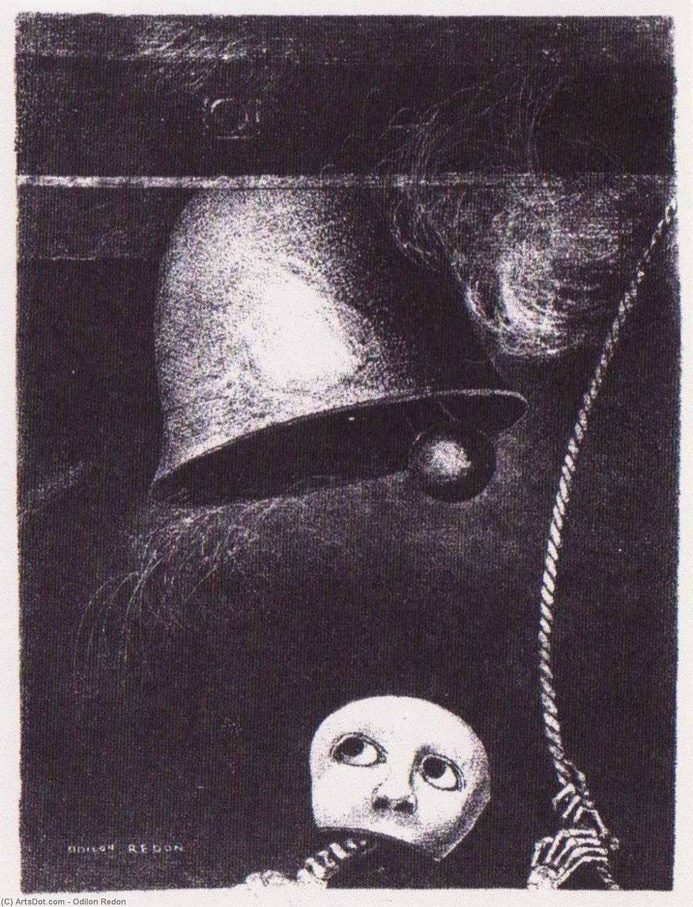 WikiOO.org - Encyclopedia of Fine Arts - Maalaus, taideteos Odilon Redon - A funeral mask tolls bell