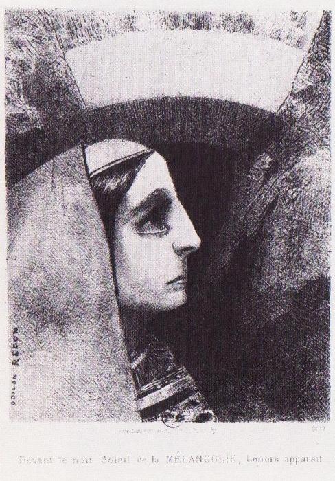 WikiOO.org - Encyclopedia of Fine Arts - Lukisan, Artwork Odilon Redon - Lenor appears in front of the black sun of melancholy