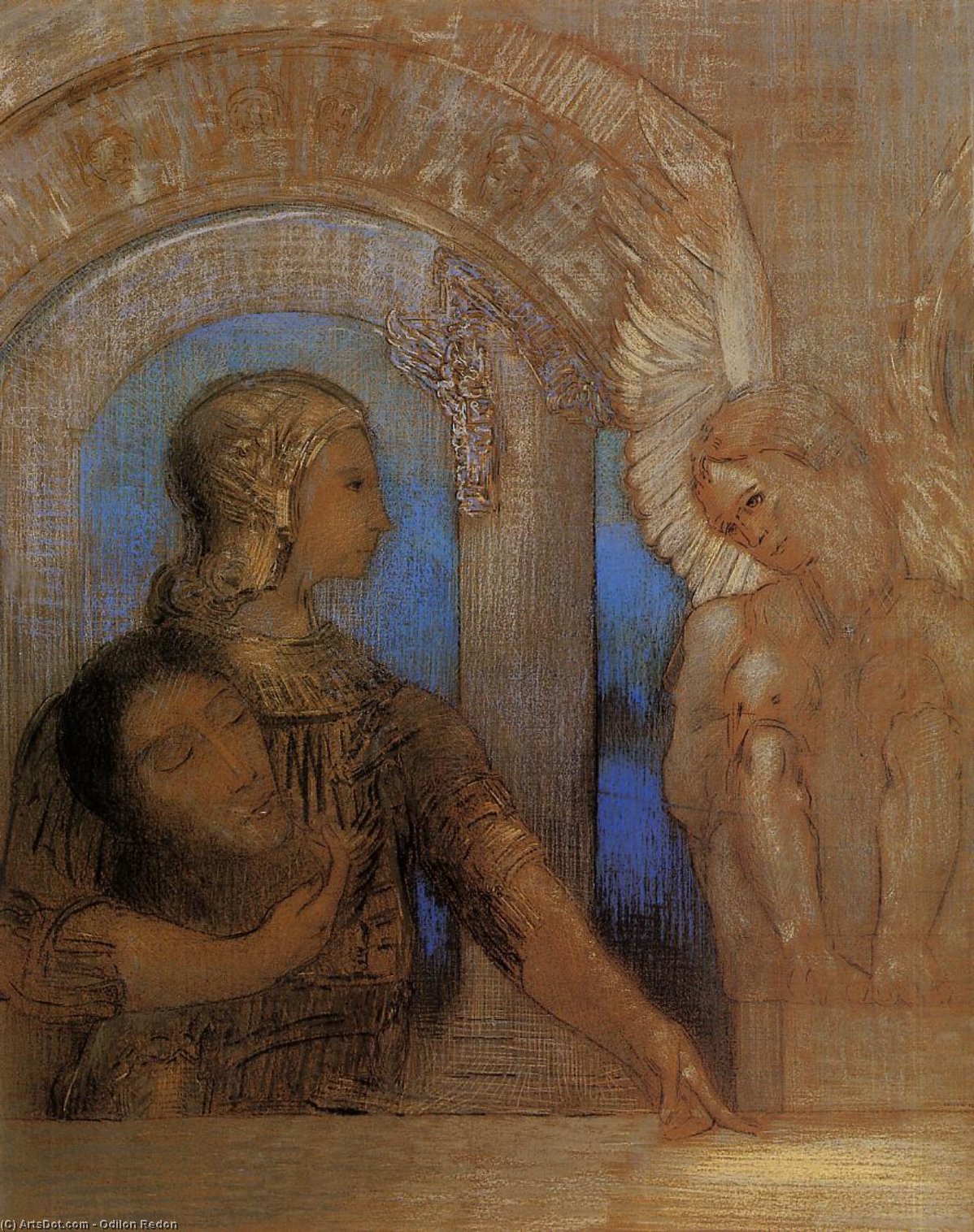 Wikoo.org - موسوعة الفنون الجميلة - اللوحة، العمل الفني Odilon Redon - The Mystical Knight (Oedipus and the Sphinx)