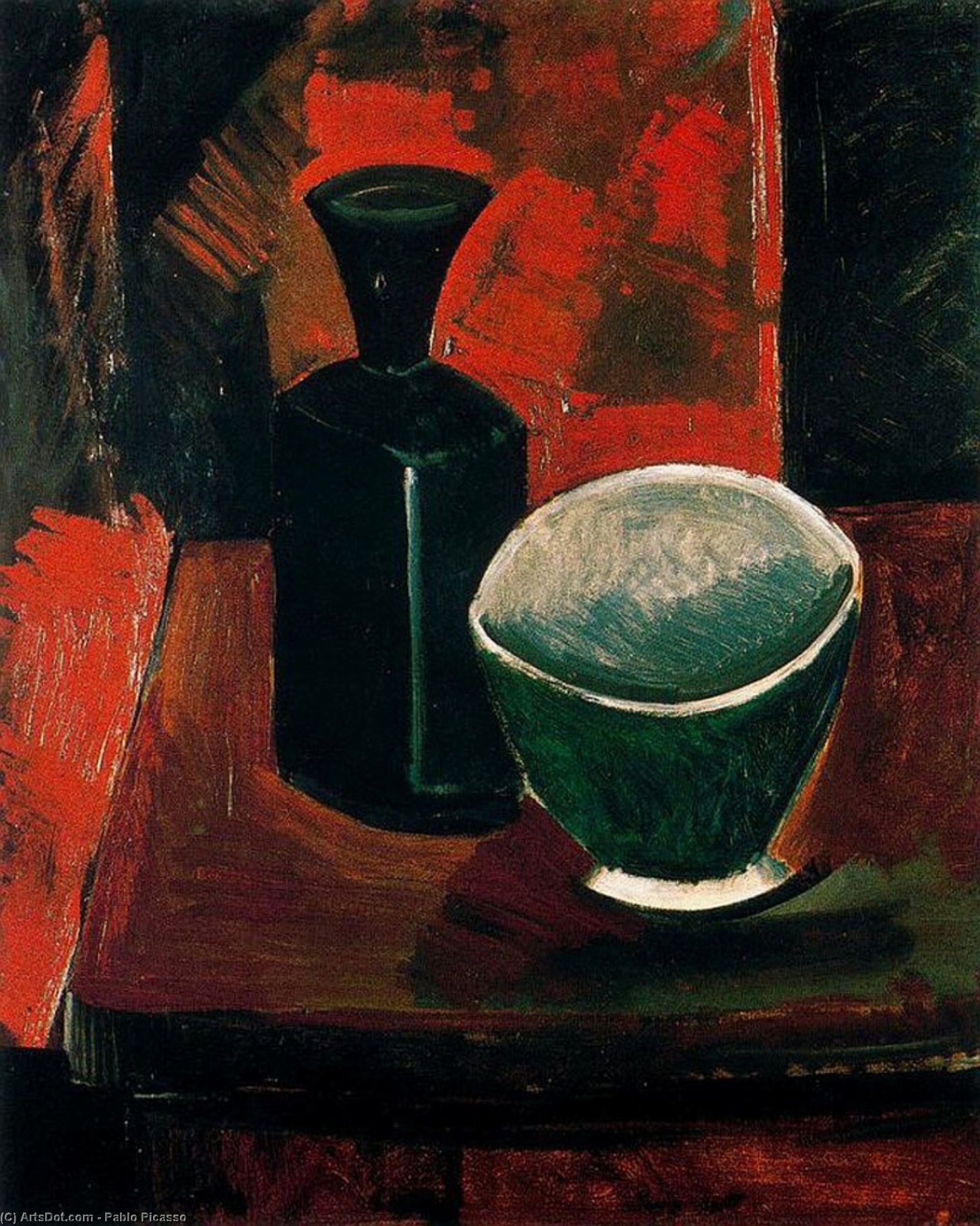 Wikioo.org - The Encyclopedia of Fine Arts - Painting, Artwork by Pablo Picasso - Green Pan and Black Bottle