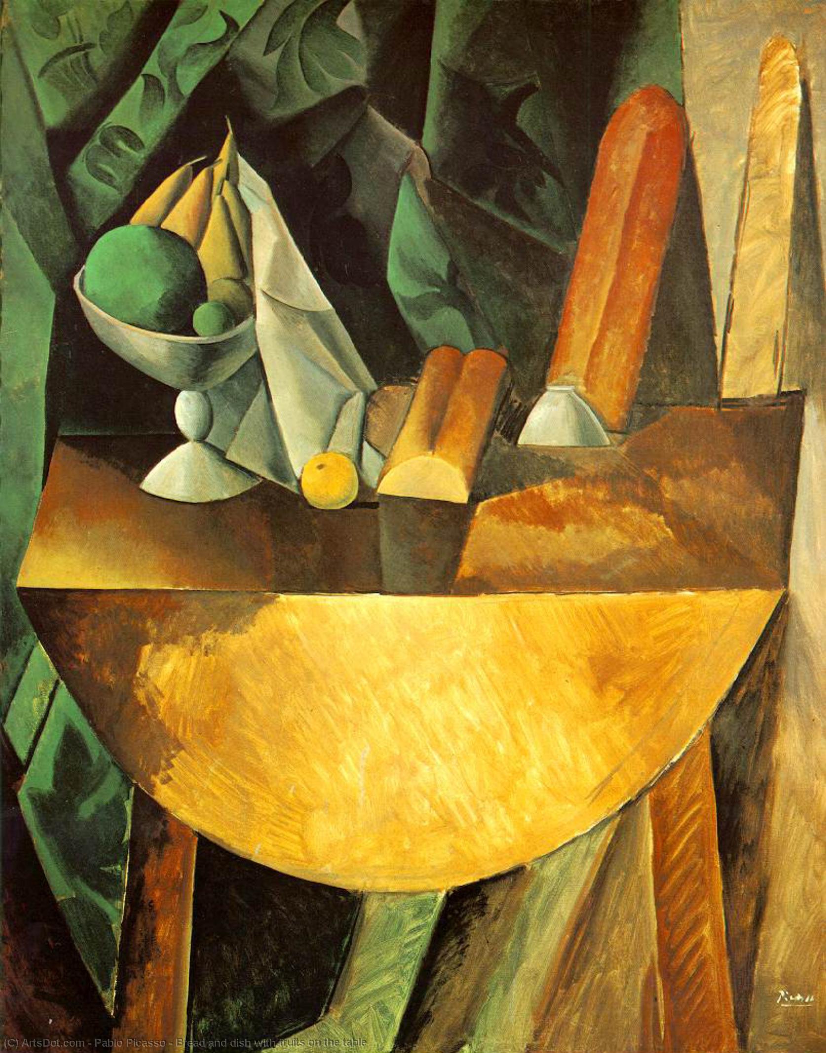 Wikioo.org - Encyklopedia Sztuk Pięknych - Malarstwo, Grafika Pablo Picasso - Bread and dish with fruits on the table