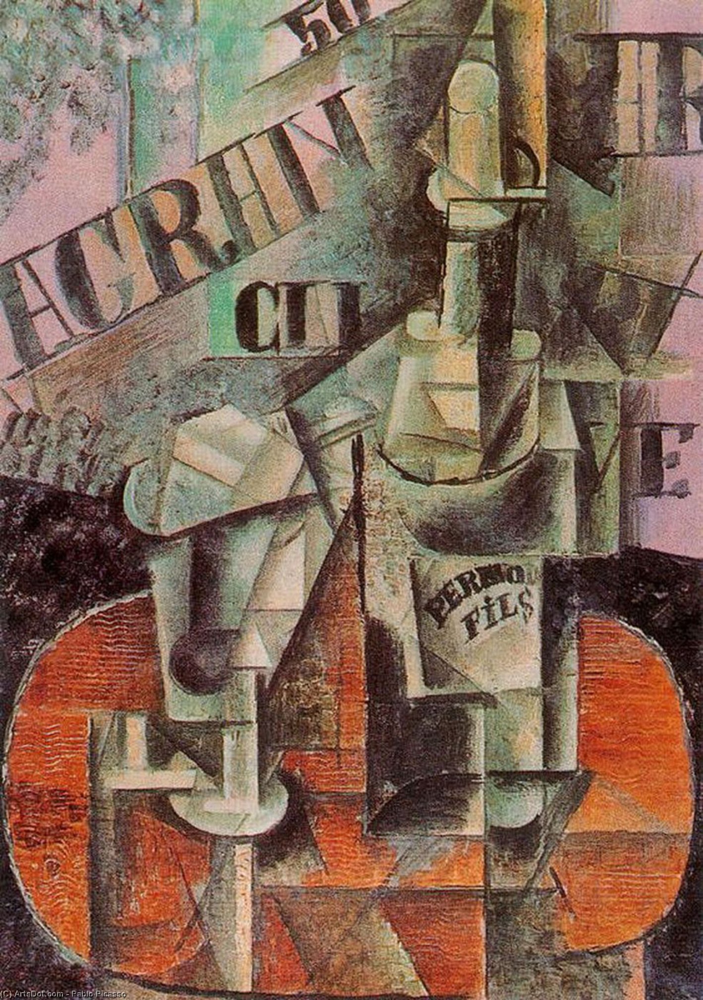 Wikioo.org - The Encyclopedia of Fine Arts - Painting, Artwork by Pablo Picasso - Table in a Cafe (Bottle of Pernod)