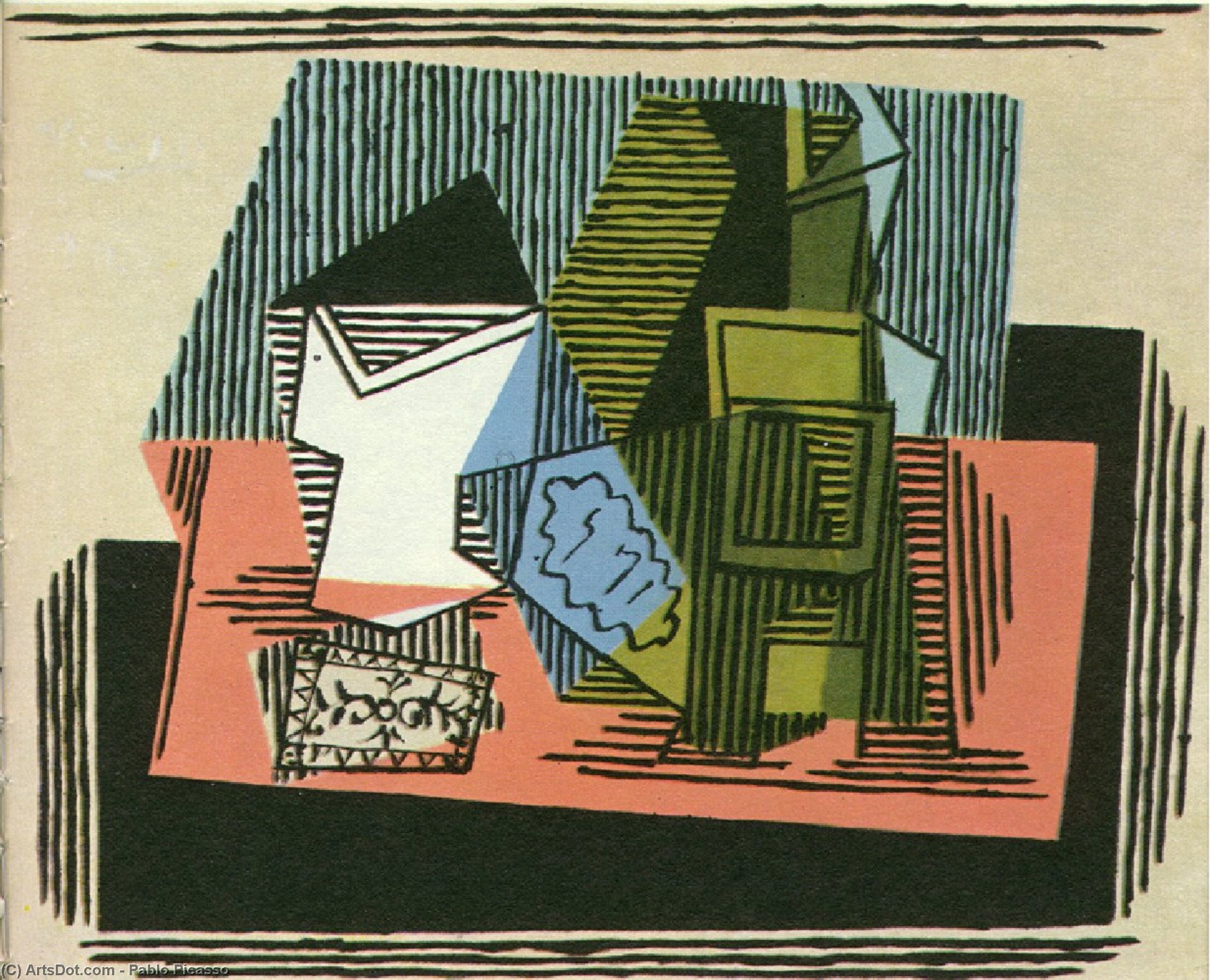 Wikoo.org - موسوعة الفنون الجميلة - اللوحة، العمل الفني Pablo Picasso - Glass, bottle, packet of tobacco