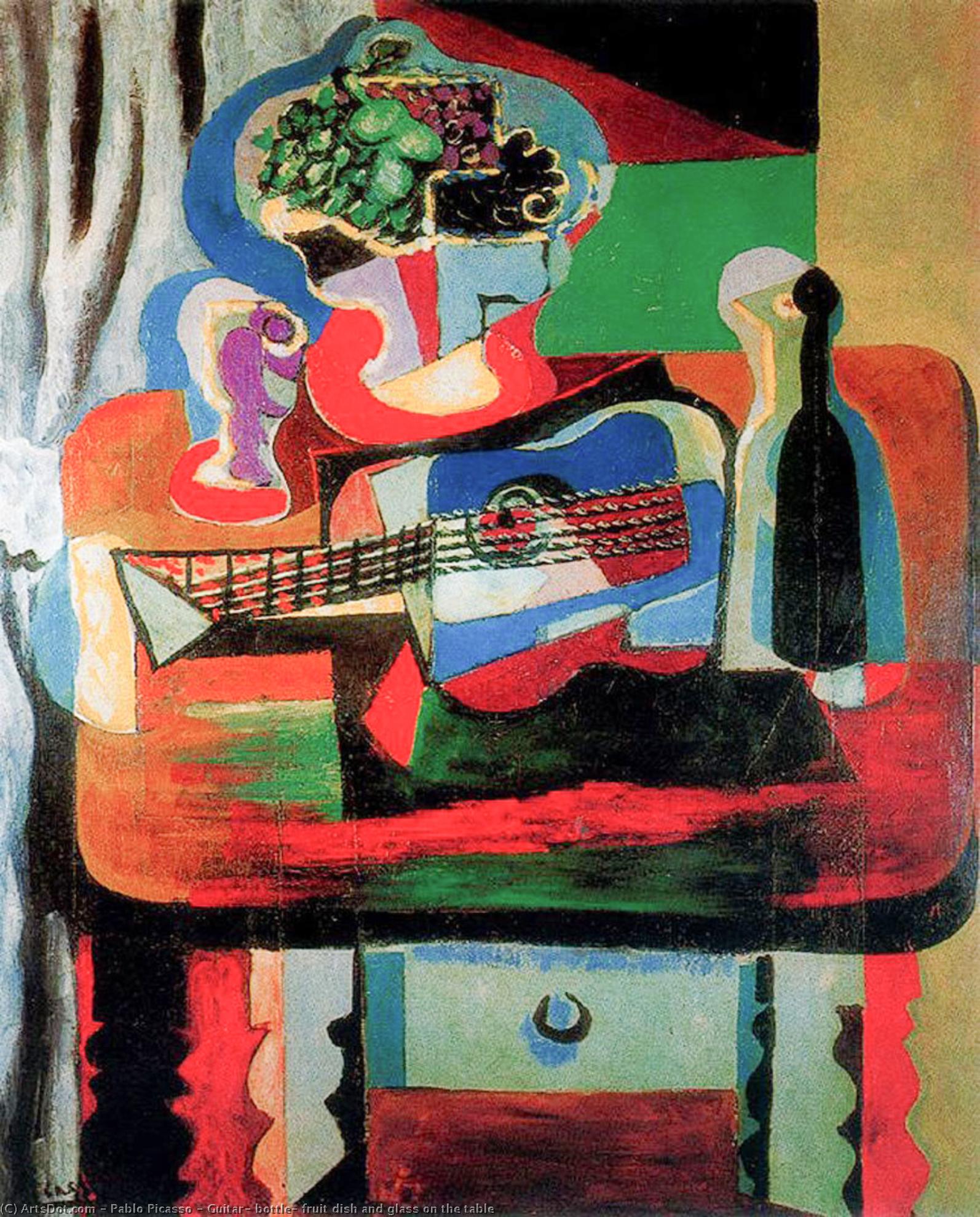 WikiOO.org - Güzel Sanatlar Ansiklopedisi - Resim, Resimler Pablo Picasso - Guitar, bottle, fruit dish and glass on the table