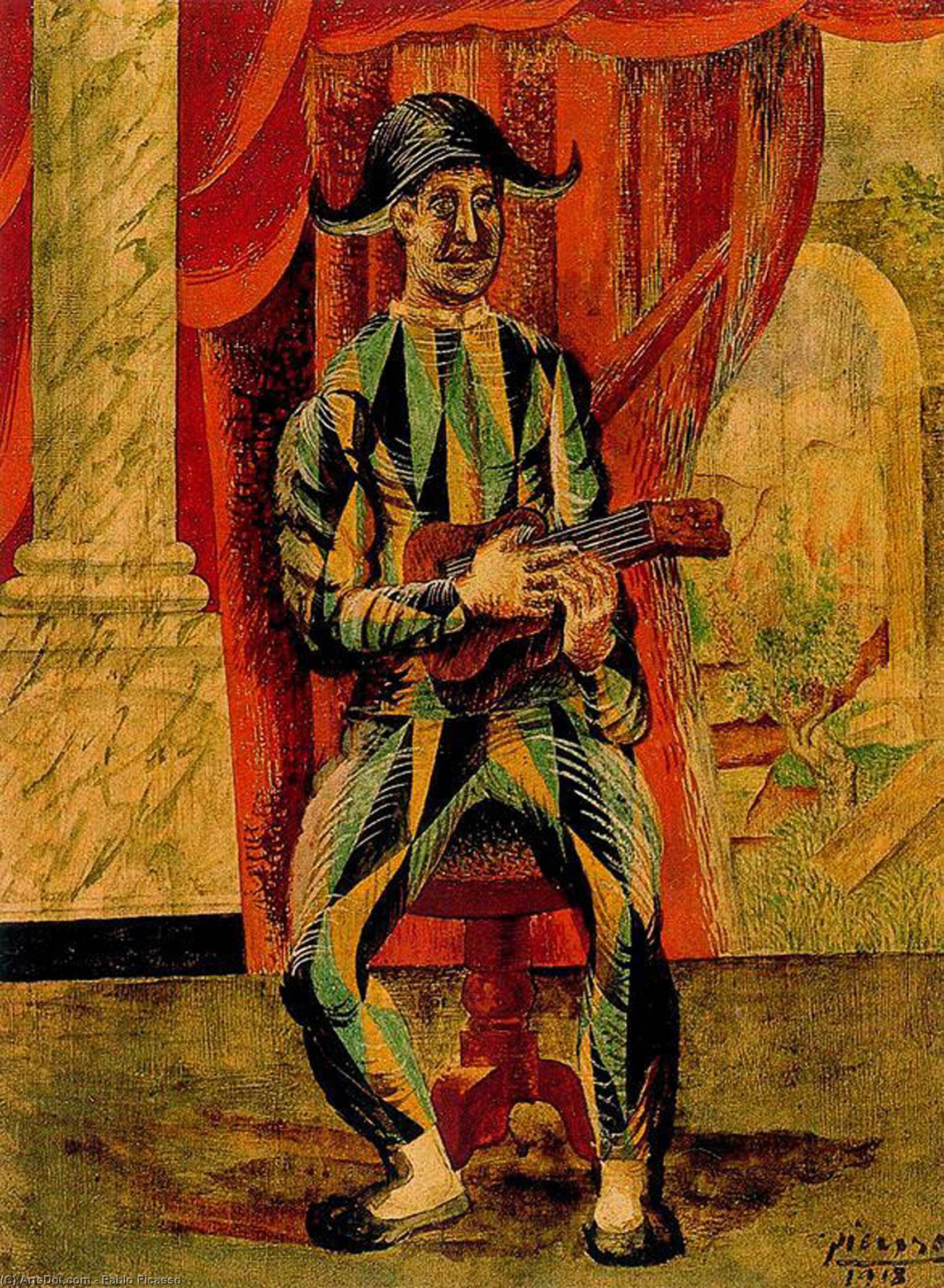Wikioo.org - The Encyclopedia of Fine Arts - Painting, Artwork by Pablo Picasso - Harlequin with guitar