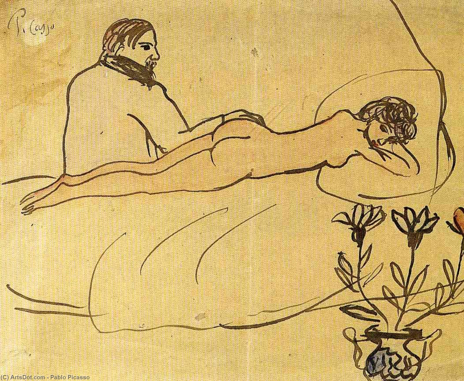 Wikioo.org - The Encyclopedia of Fine Arts - Painting, Artwork by Pablo Picasso - Nude with Picasso by her feet