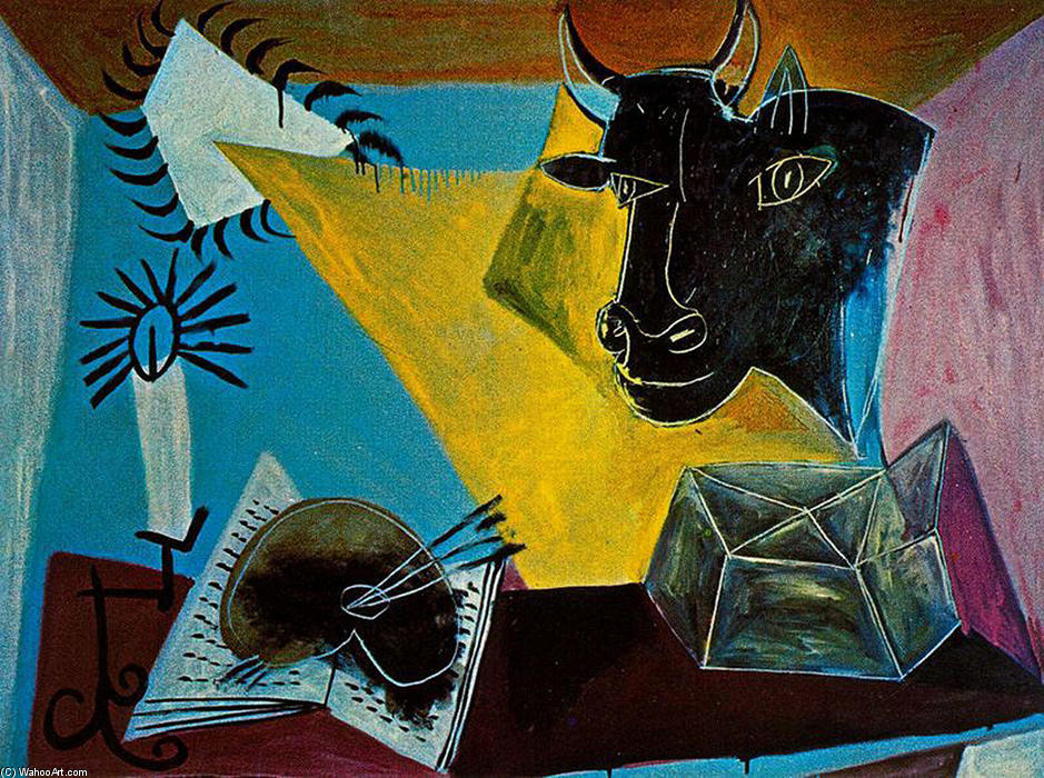 WikiOO.org - Enciklopedija dailės - Tapyba, meno kuriniai Pablo Picasso - Still life with a bull's head, book and candle range