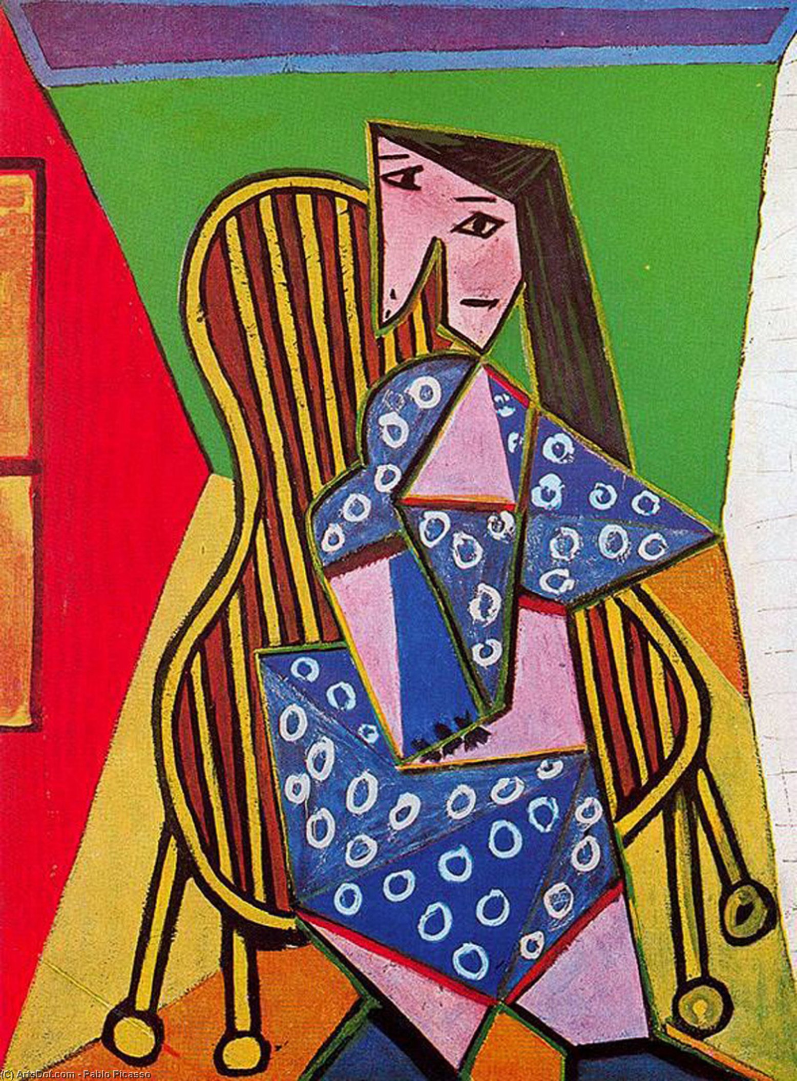 Wikoo.org - موسوعة الفنون الجميلة - اللوحة، العمل الفني Pablo Picasso - Woman in striped armchair
