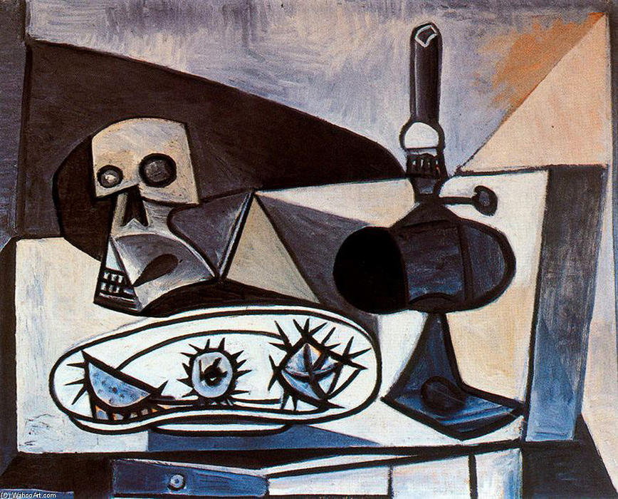 Wikioo.org - The Encyclopedia of Fine Arts - Painting, Artwork by Pablo Picasso - Skull, urchins and lamp on a table