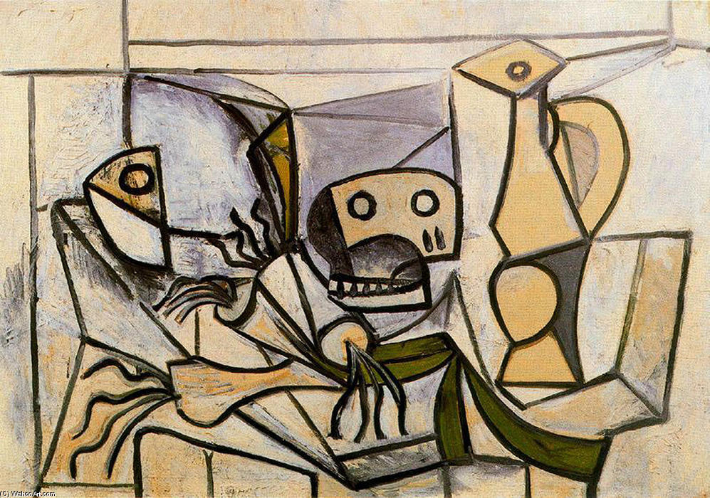Wikioo.org – La Enciclopedia de las Bellas Artes - Pintura, Obras de arte de Pablo Picasso - Puerros pescar  Cabeza  cráneo  asícomo  jarra