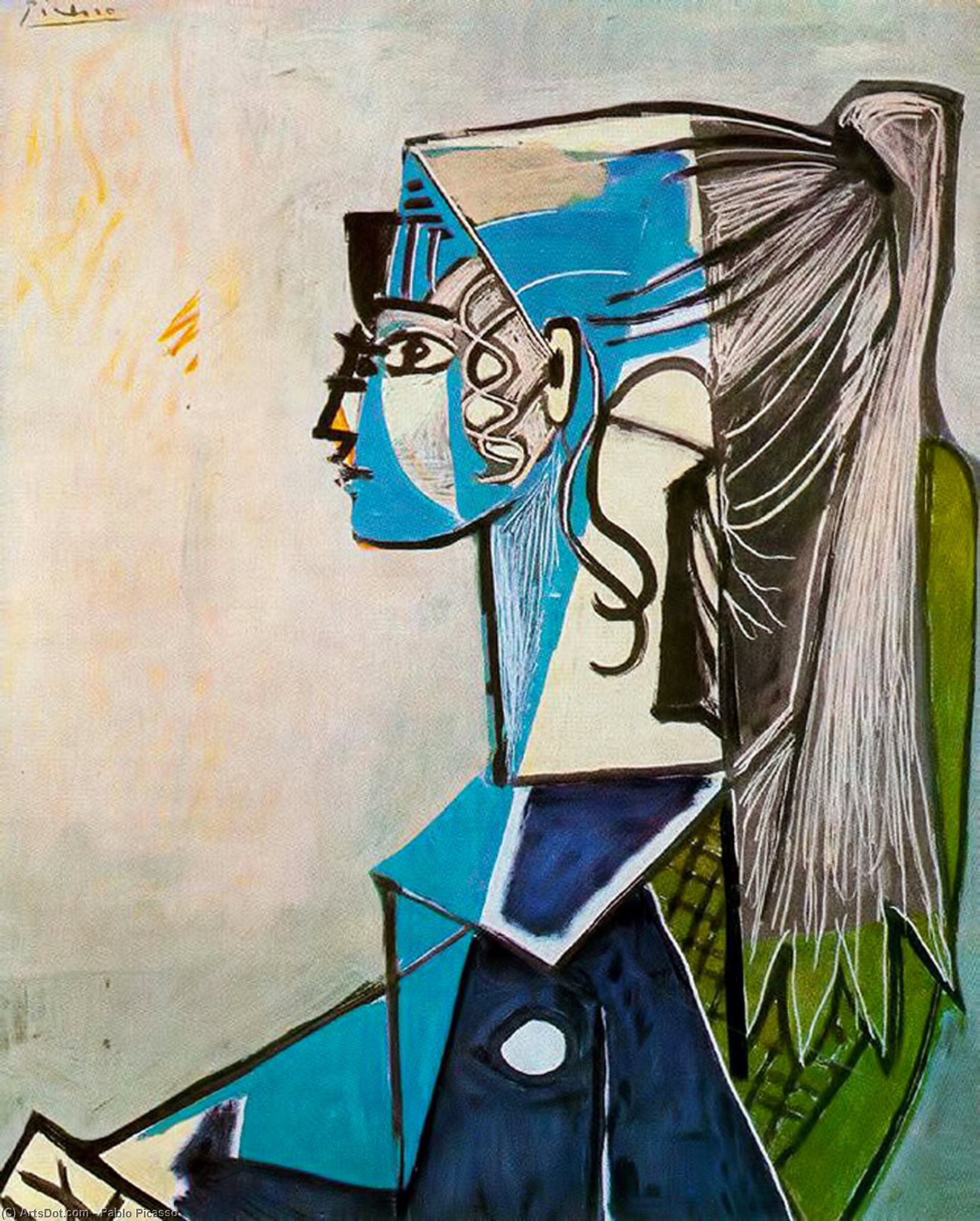 Wikoo.org - موسوعة الفنون الجميلة - اللوحة، العمل الفني Pablo Picasso - Portrait of Sylvette David in green chair