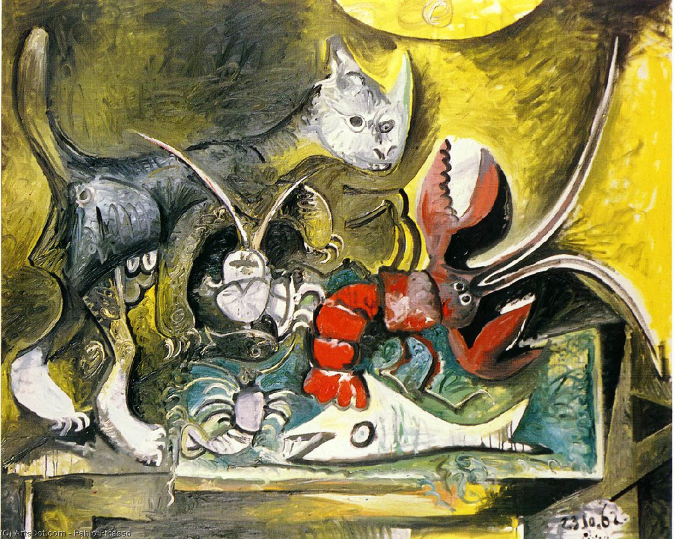 Wikioo.org – La Enciclopedia de las Bellas Artes - Pintura, Obras de arte de Pablo Picasso - bodegón con el gato  asícomo  langosta