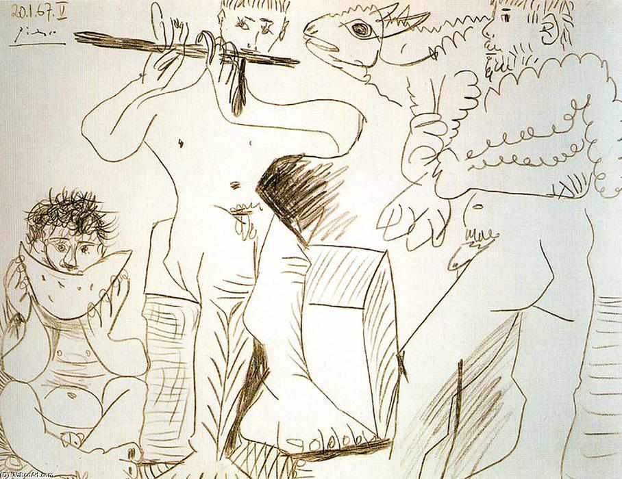 Wikoo.org - موسوعة الفنون الجميلة - اللوحة، العمل الفني Pablo Picasso - Man with lamb, man eating watermelon and flutist