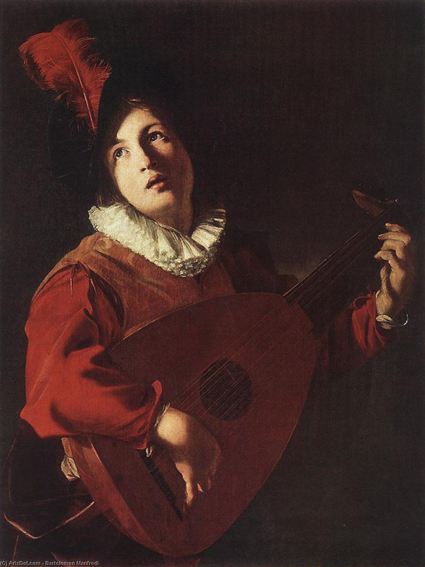 WikiOO.org - Encyclopedia of Fine Arts - Maleri, Artwork Bartolomeo Manfredi - Lute Playing Young Man