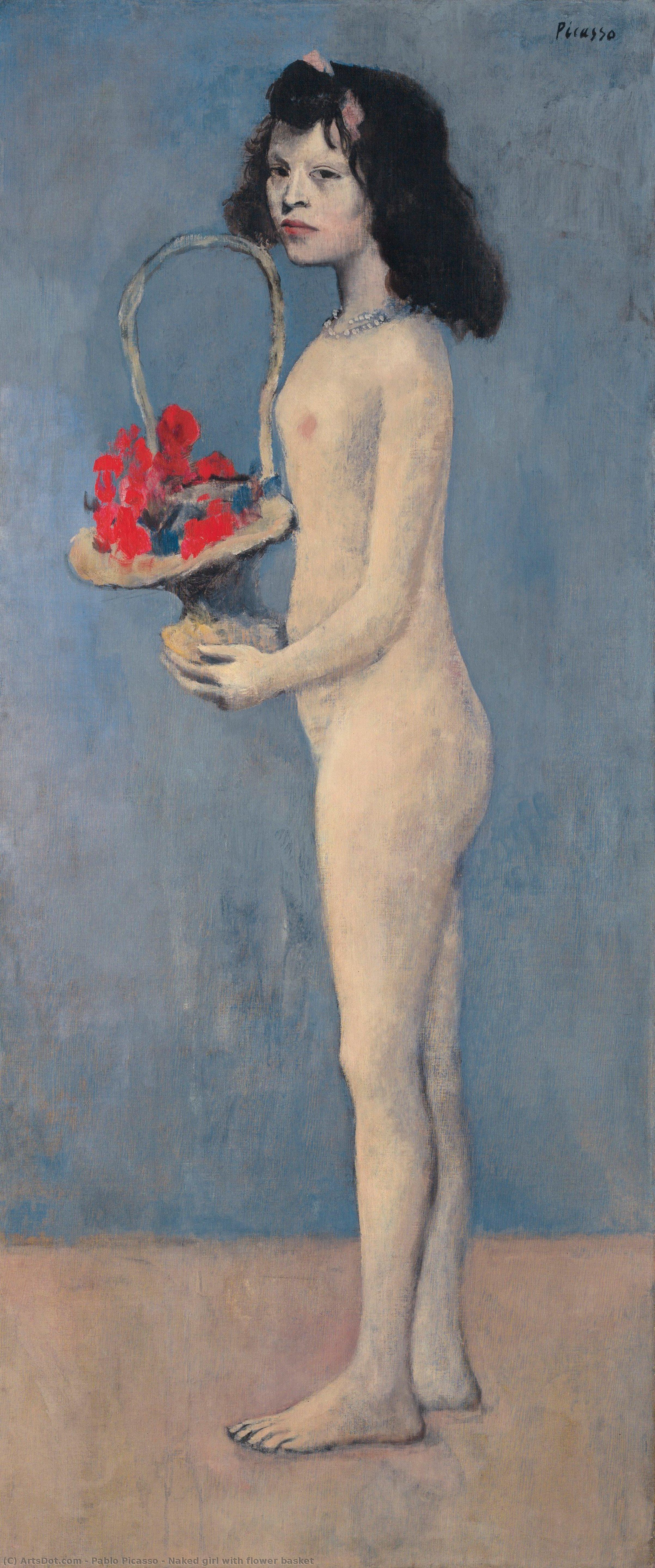 Wikioo.org - Die Enzyklopädie bildender Kunst - Malerei, Kunstwerk von Pablo Picasso - Nackte mädchen mit  Blume  korb