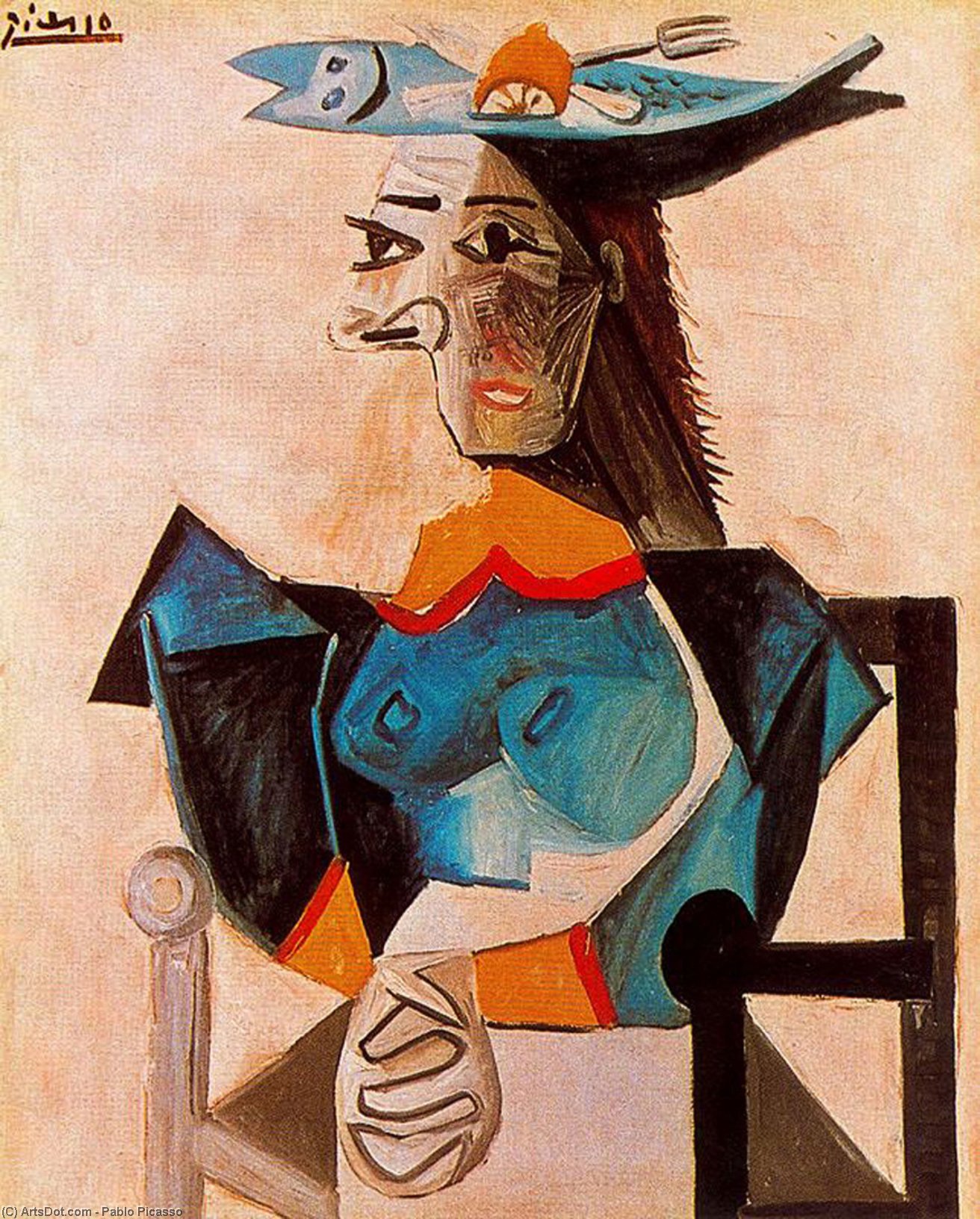 WikiOO.org - Εγκυκλοπαίδεια Καλών Τεχνών - Ζωγραφική, έργα τέχνης Pablo Picasso - Seated Woman with Fish