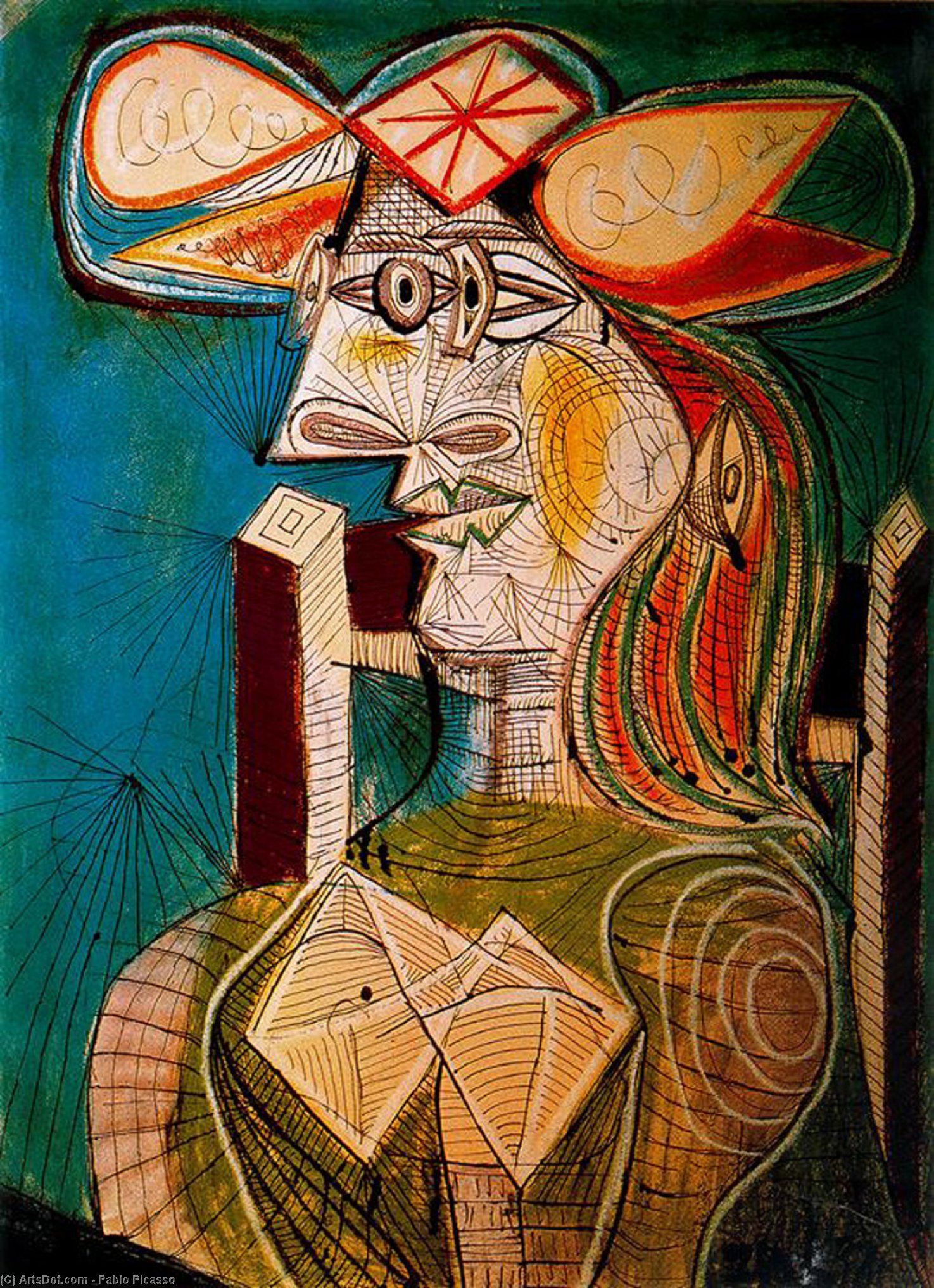 Wikioo.org - Bách khoa toàn thư về mỹ thuật - Vẽ tranh, Tác phẩm nghệ thuật Pablo Picasso - Seated woman on wooden chair