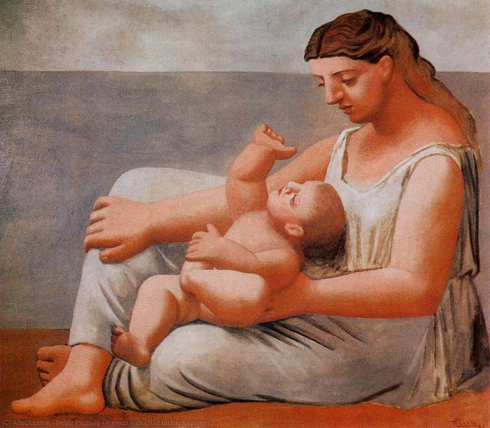 Wikioo.org – La Enciclopedia de las Bellas Artes - Pintura, Obras de arte de Pablo Picasso - mujer con niño en  el  orilla del mar