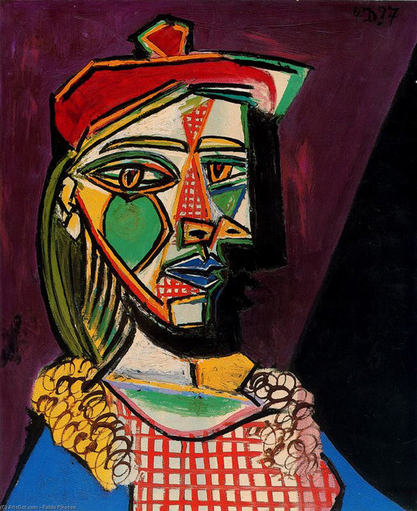 Wikoo.org - موسوعة الفنون الجميلة - اللوحة، العمل الفني Pablo Picasso - Woman in beret and checked dress