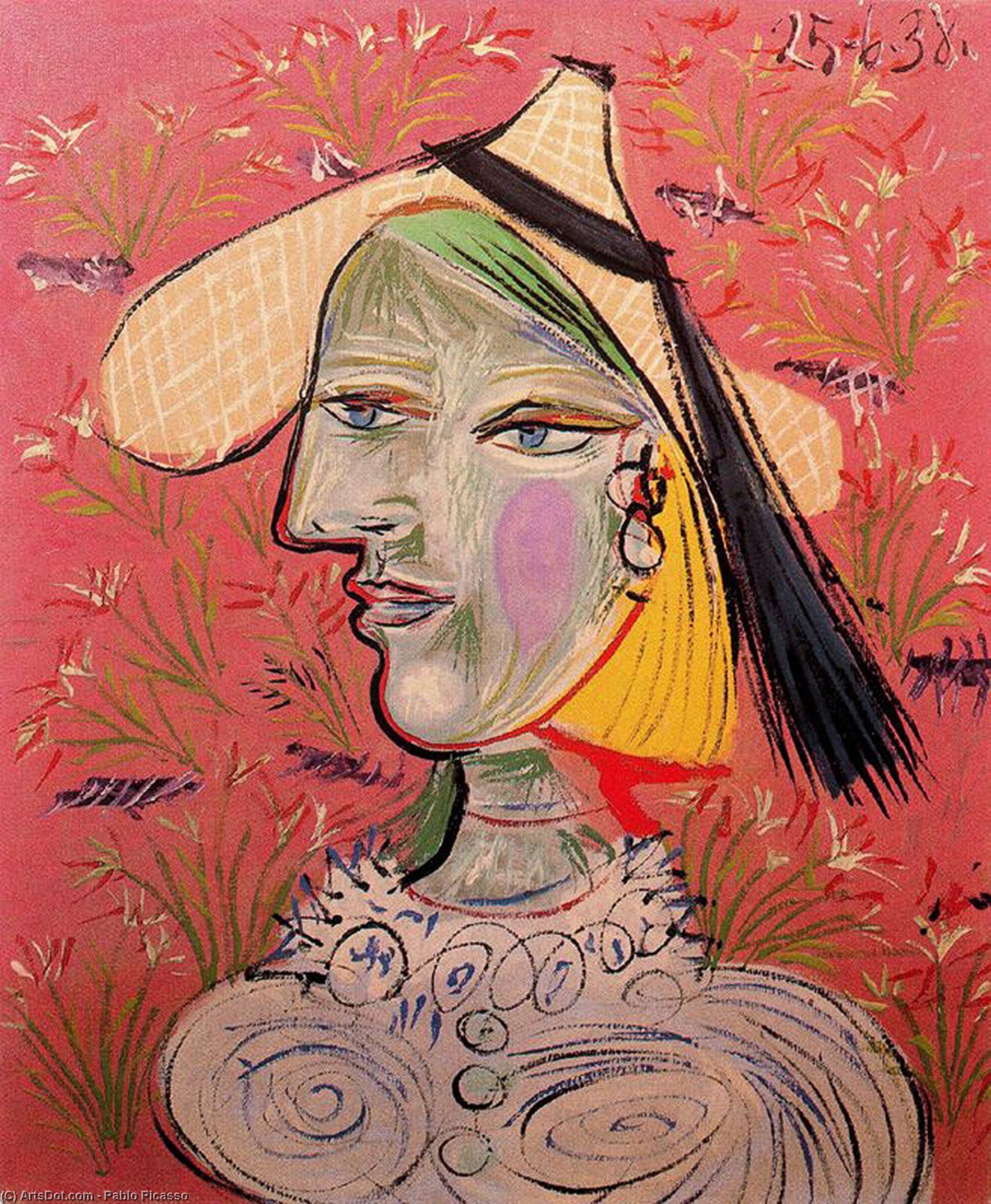 Wikioo.org - The Encyclopedia of Fine Arts - Painting, Artwork by Pablo Picasso - Woman with straw hat on flowery background