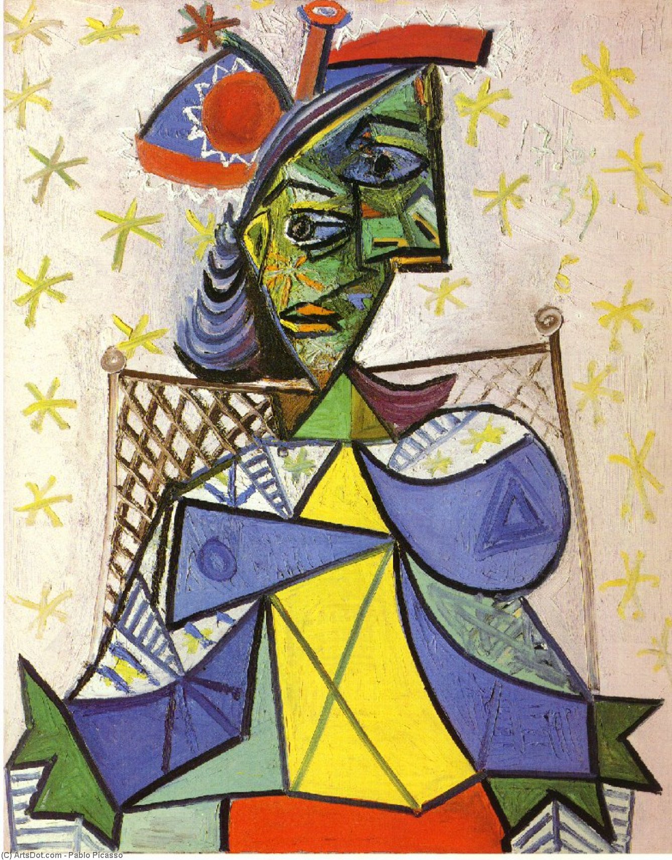 Wikoo.org - موسوعة الفنون الجميلة - اللوحة، العمل الفني Pablo Picasso - Seated woman with blue and red hat