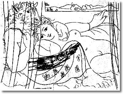 WikiOO.org - Enciklopedija likovnih umjetnosti - Slikarstvo, umjetnička djela Pablo Picasso - Minotaur and woman behind a curtain