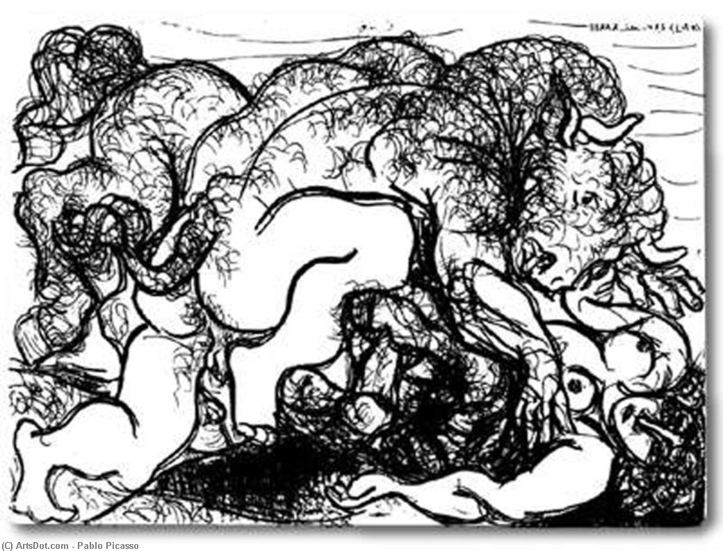 Wikioo.org - The Encyclopedia of Fine Arts - Painting, Artwork by Pablo Picasso - Minotaur attacking an amazone