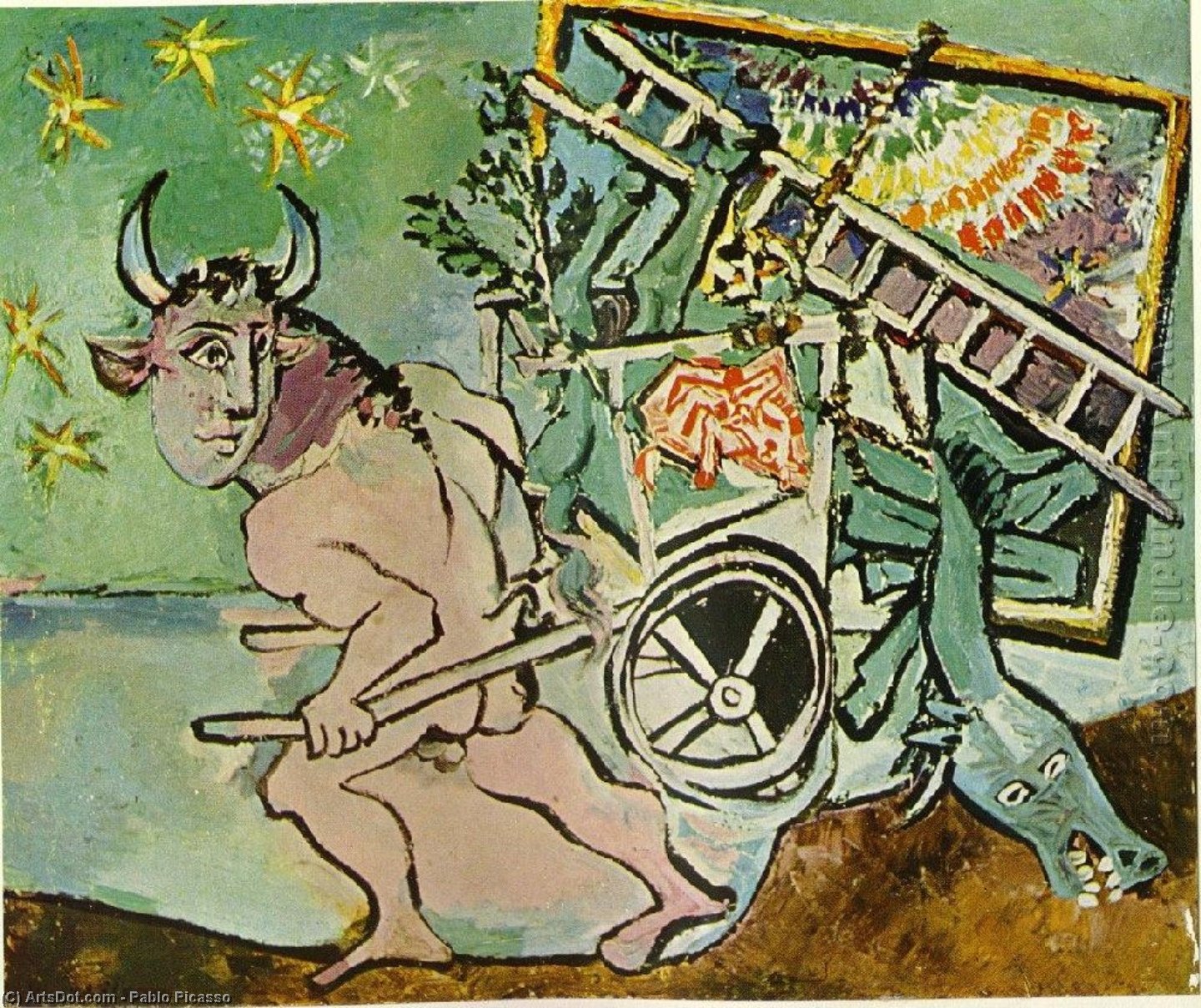 Wikioo.org - The Encyclopedia of Fine Arts - Painting, Artwork by Pablo Picasso - Minotaur transports a mare and foal
