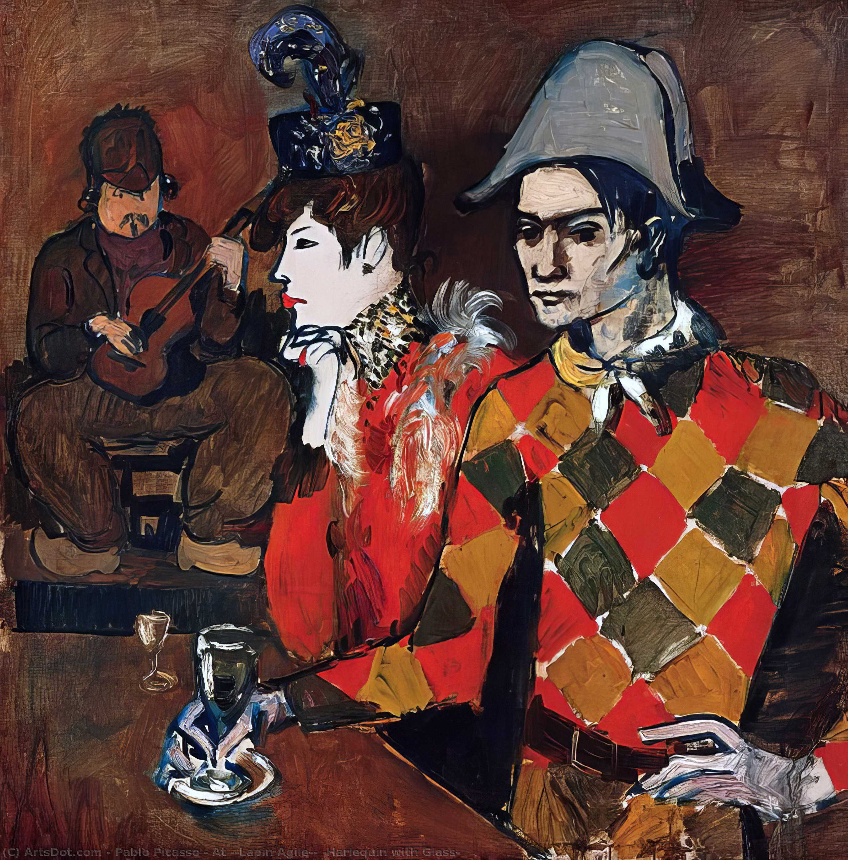 Wikioo.org - The Encyclopedia of Fine Arts - Painting, Artwork by Pablo Picasso - At ''Lapin Agile'' (Harlequin with Glass)