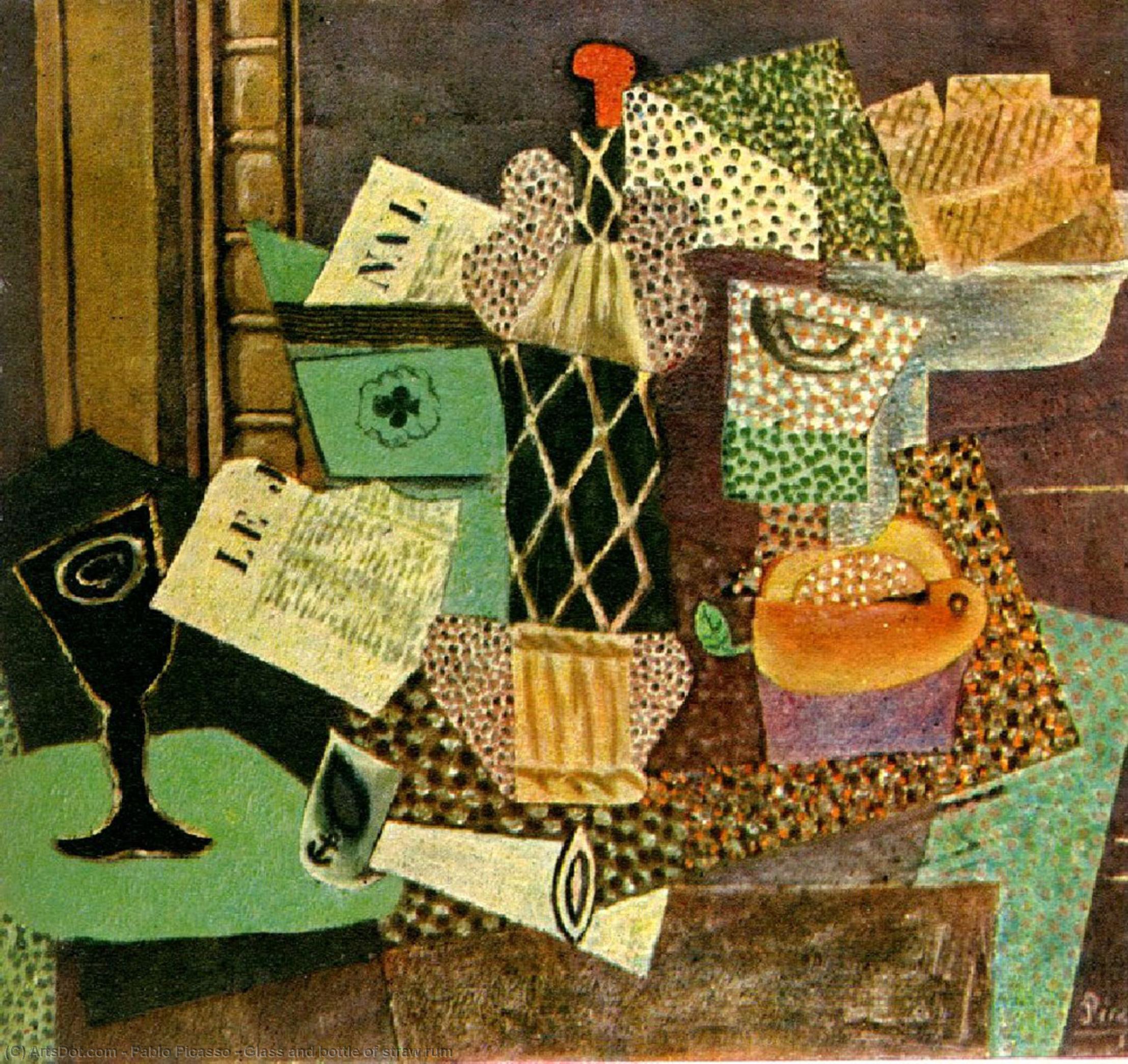 Wikioo.org - The Encyclopedia of Fine Arts - Painting, Artwork by Pablo Picasso - Glass and bottle of straw rum
