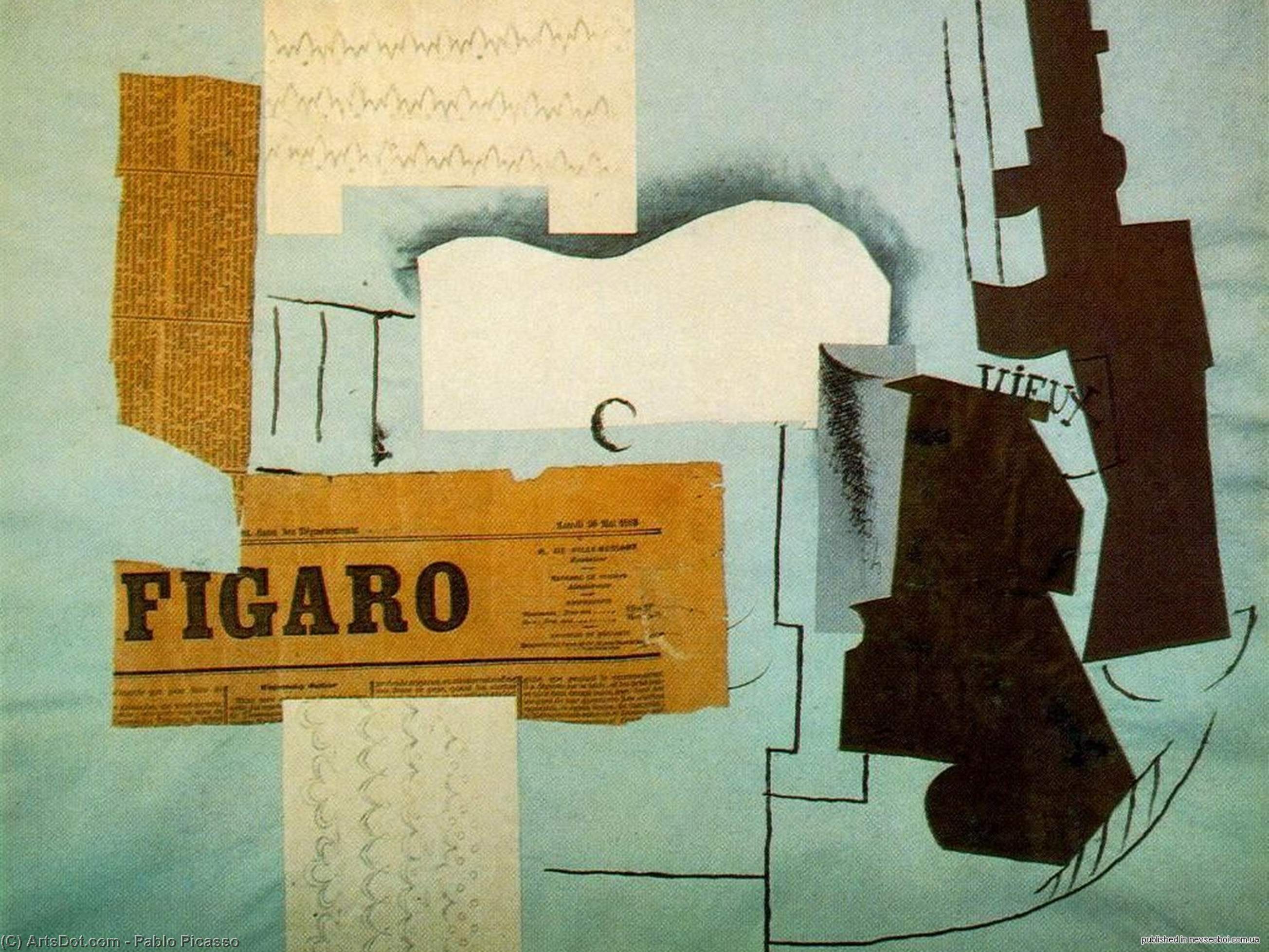 WikiOO.org - Enciklopedija likovnih umjetnosti - Slikarstvo, umjetnička djela Pablo Picasso - Bottle of Vieux Marc, Glass, Guitar and Newspaper