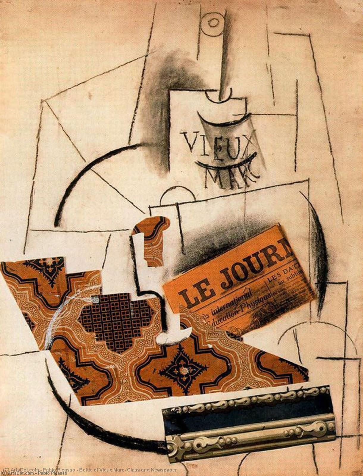 WikiOO.org - Encyclopedia of Fine Arts - Maleri, Artwork Pablo Picasso - Bottle of Vieux Marc, Glass and Newspaper
