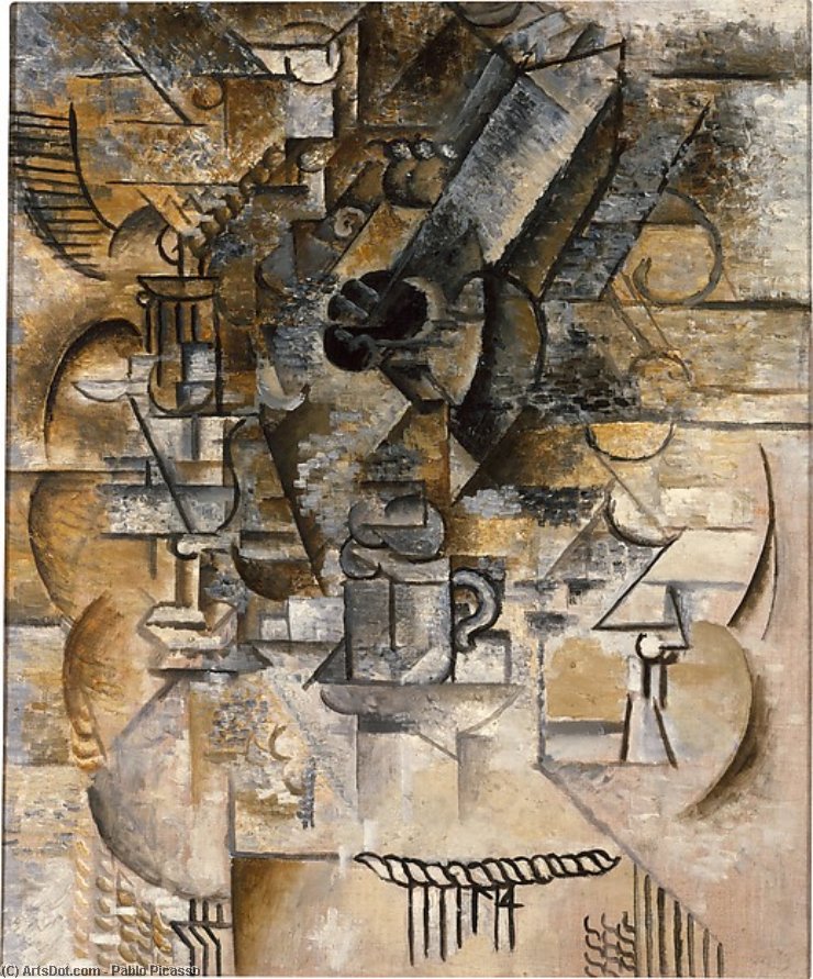 Wikioo.org - The Encyclopedia of Fine Arts - Painting, Artwork by Pablo Picasso - Pedestal, glasses, cups, mandolin