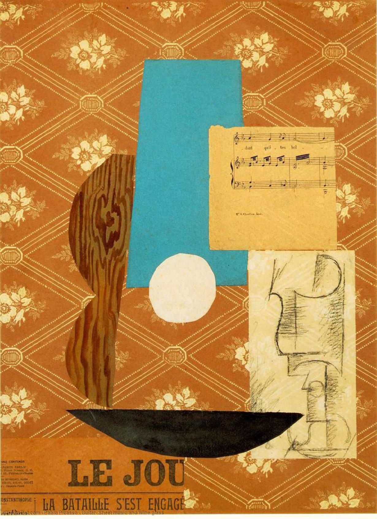 Wikioo.org - The Encyclopedia of Fine Arts - Painting, Artwork by Pablo Picasso - Guitar, Sheet music and Wine glass