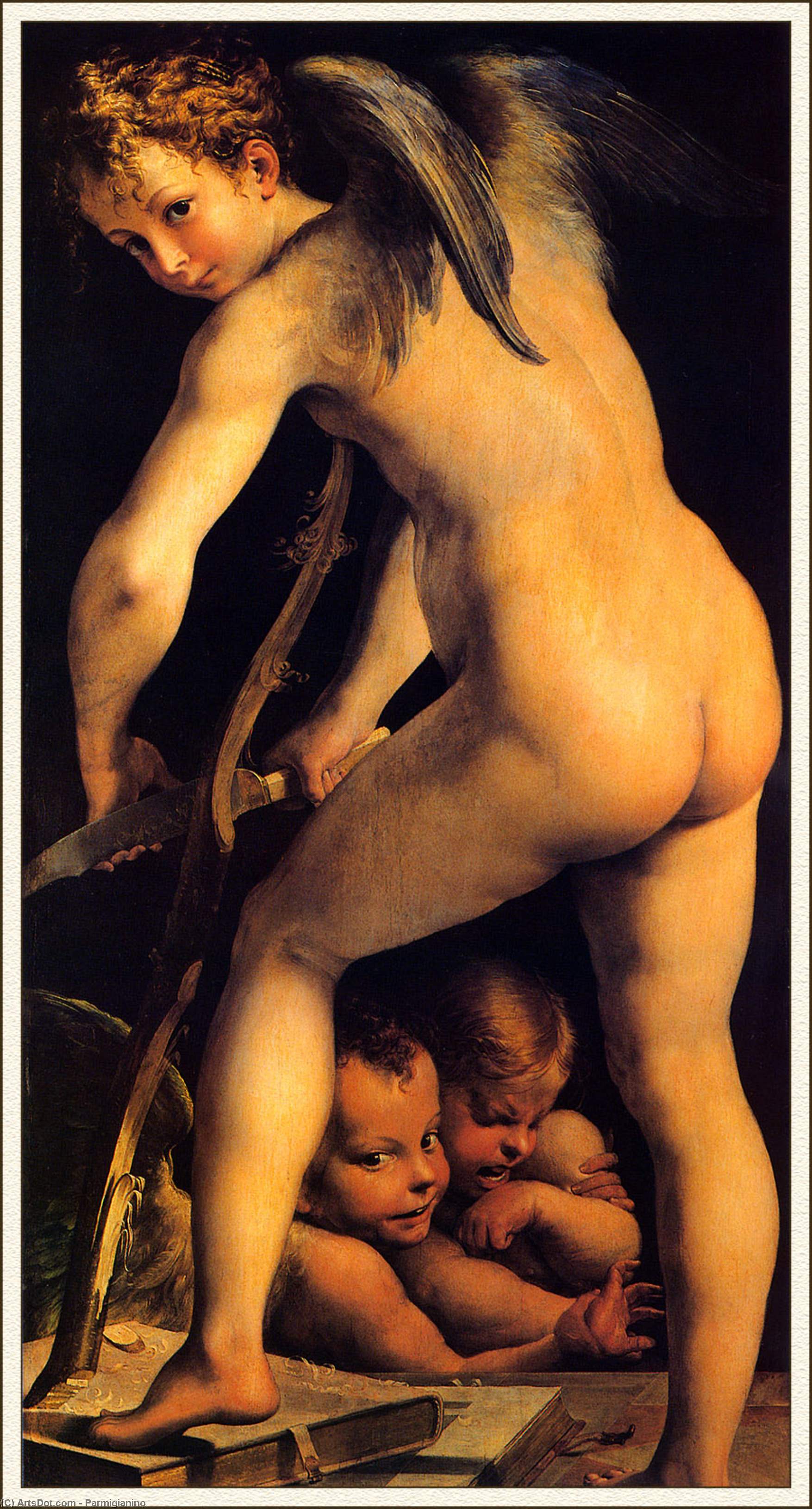 Wikioo.org - The Encyclopedia of Fine Arts - Painting, Artwork by Parmigianino - Amor Carving His Bow