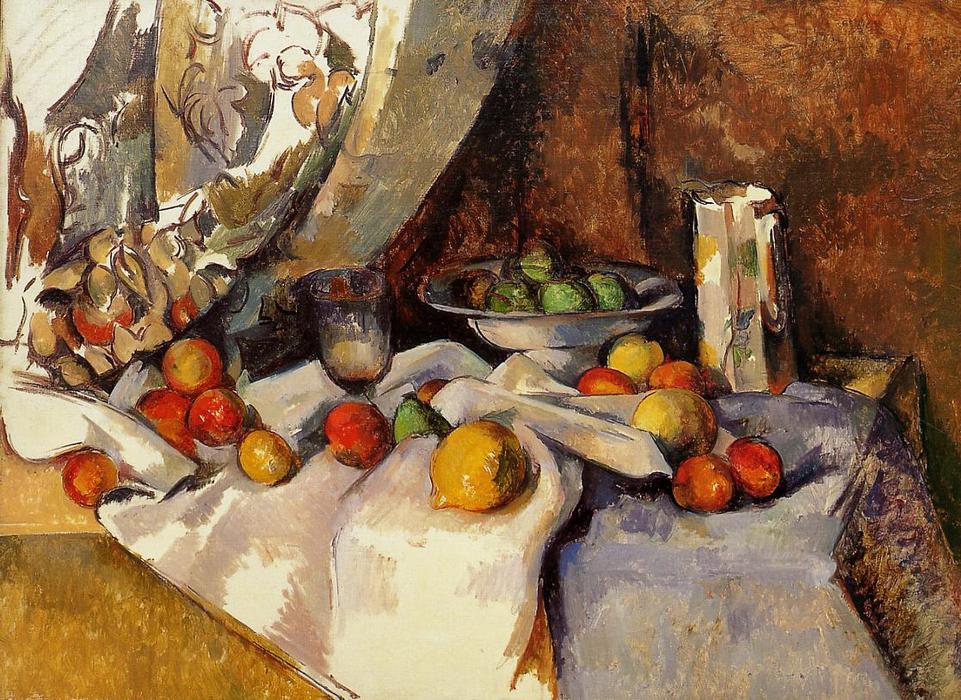 WikiOO.org - Enciklopedija dailės - Tapyba, meno kuriniai Paul Cezanne - Still Life Post, Bottle, Cup and Fruit